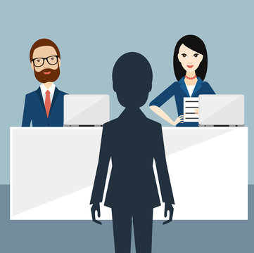 Job interview in office. Officers and candidate. Flat vector ilustration.