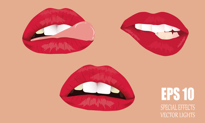 A set of female lips. Lush lips, how to kiss with an open mouth. Chic sexy red lips on beige background.