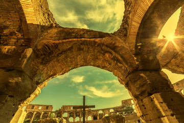 Sunset and fish eye view inside the Colosseum
