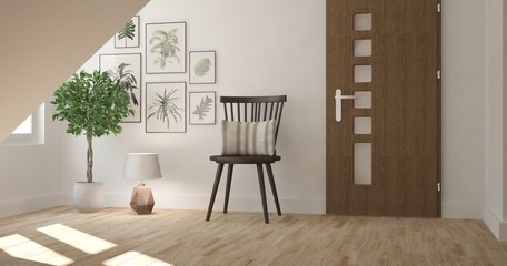 White modern room with chair. Scandinavian interior design. 3D illustration