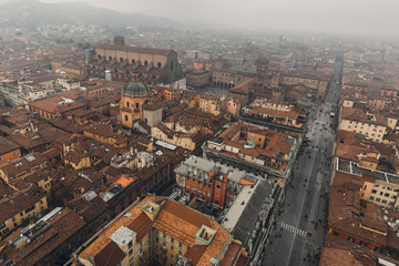 Panoramic view of foggy Bologna Italy