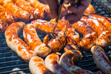 Original Thuringian frying sausages on the wood coal grill