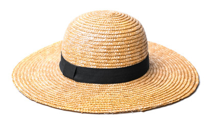Pretty straw hat with a black strip on white background beach hat top view isolated