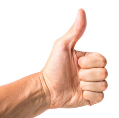 Male hand showing thumbs up sign against white background