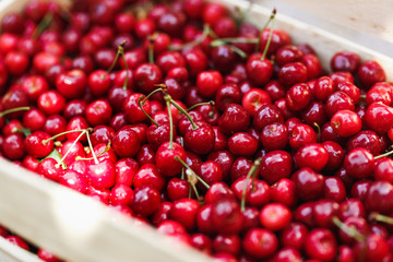 Cherry's in wooden box, close up photo