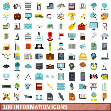 100 information icons set, flat style