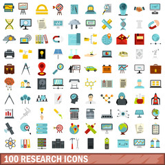 100 research icons set, flat style