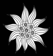Doodle floral pattern in black and white. Page for coloring book: very interesting and relaxing job for children and adults. Zentangle drawing. Flower carpet in magic garden