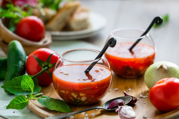 Tomato gazpacho soup in two glass cups