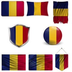 Fototapeta premium Set of the national flag of Romania in different designs on a white background. Realistic vector illustration.