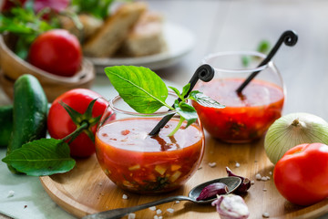 Tomato gazpacho soup in two glass cups