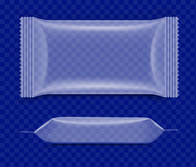 Template of transparent packing on a blue background. Can be used in your design, advertising, promo.