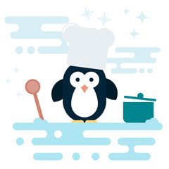 Flat penguin character stylized as chef with wooden spoon and with pot.