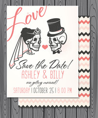 Vector Illustration with Skulls of Bride and Groom.