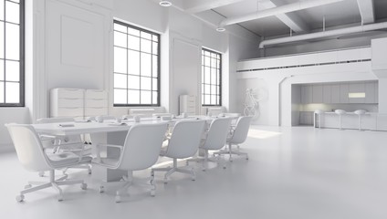 White office space, meeting room table with kitchen area
