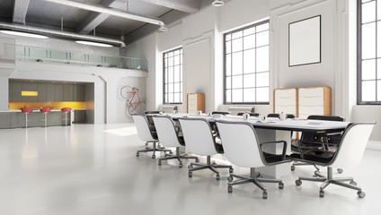 Office space, meeting room table with kitchen area