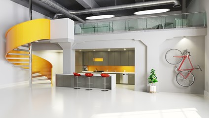 Fototapeta na wymiar Office space with kitchen area and spiral stairs