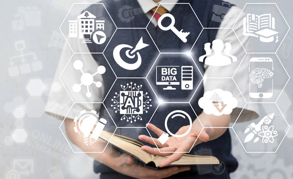 Big Data Learning Concept. School boy offers data center icon on virtual screen. Educational Institution Server Information Technology Integration. E-Learning Innovative Technologies.