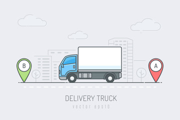 Delivery truck on the city road driving on route labeled with A and B location markers. Vector illustration in line art color style © Zoran Milic