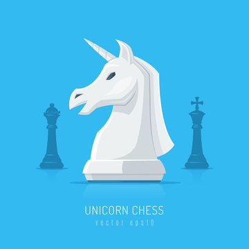 White Unicorn As Knight Chess Figurine Vector Illustration In Flat Style