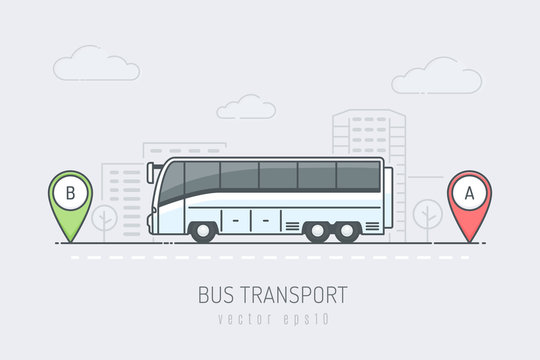 Bus on the city road driving on route labeled with A and B location markers. Vector illustration in line art color style