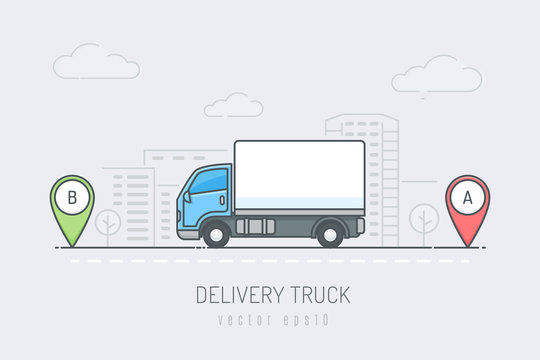 Delivery truck on the city road driving on route labeled with A and B location markers. Vector illustration in line art color style