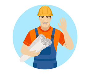 Builder holding the project plans and greeting someone with his hand raised up