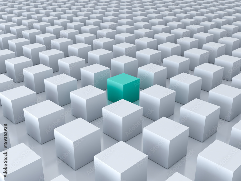 Poster Stand out from the crowd and different creative idea concepts , One green cube amongs other white cubes on white background with reflections and shadows . 3D rendering.