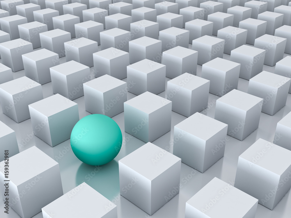 Poster stand out from the crowd and different creative idea concepts , one green sphere among other white c
