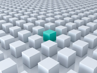 Stand out from the crowd and different creative idea concepts , One green cube amongs other white cubes on white background with reflections and shadows . 3D rendering.