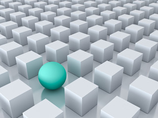 Obraz premium Stand out from the crowd and different creative idea concepts , One green sphere among other white cubes on white background with reflections and shadows . 3D rendering.