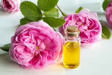 Rose essential oil: a bottle of oil with rose flowers