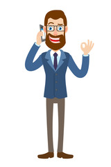 Hipster Businessman talking on mobile phone and showing a okay hand sign