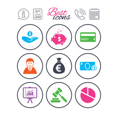 Money, cash and finance icons. Piggy bank sign.