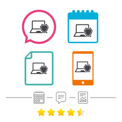 Laptop protection sign. Notebook with shield.