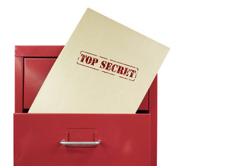 Top secret envelop in a red file cabinet, over a white background.