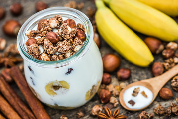 Serving of Yogurt with  Muesli, Banana and Nuts
