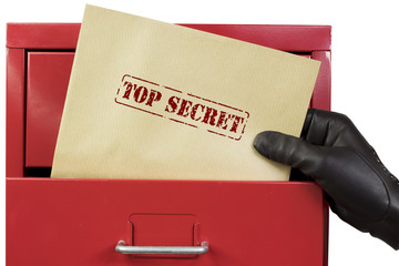 Getting top secret documents from a red file cabinet, over a white background.