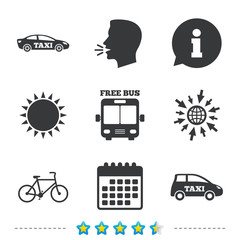 Public transport icons. Free bus, bicycle signs.