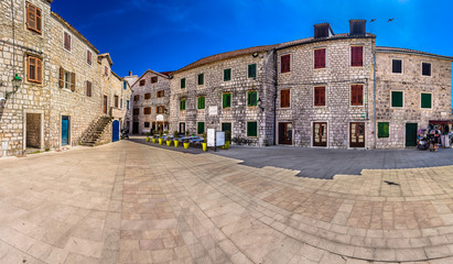 Old square panorama Hvar. / Marble panorama of traditional mediterranean square in town Starigrad,...