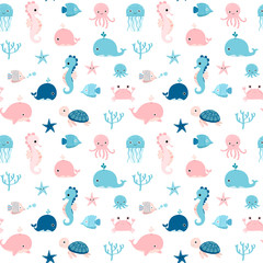 Cute summer seamless pattern with sea animals in blue and pink colors for kids textile, clothing and package design