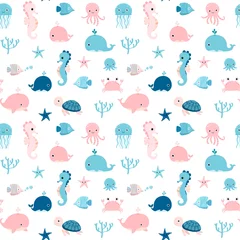 Behang Zeedieren Leuk zomers naadloos patroon met zeedieren in blauwe en roze kleuren voor kindertextiel, kleding en pakketontwerp