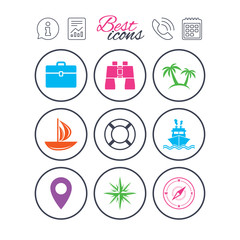 Cruise trip, ship and yacht icons. Travel signs.