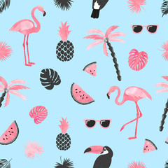 Tropical trendy pattern with watercolor flamingo, watermelon slices and palm leaves. Seamless vector summer background.