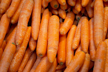 Carrots. Fresh organic carrots on the market. Background texture of carrots. Close-up. Top view