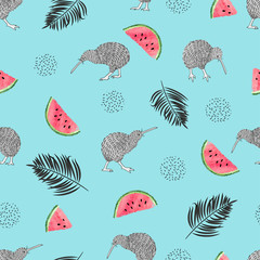 Tropical trendy pattern with kiwi birds, watermelon slices and palm leaves. Seamless vector summer background