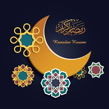 Paper graphic of Islamic decoration. Geometry art, Crescent moon and Arabic lantern. Ramadan Kareem - Glorious month of Muslim year. 
