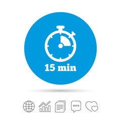 Timer sign icon. 15 minutes stopwatch symbol.