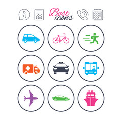 Transport icons. Car, bike, bus and taxi signs.