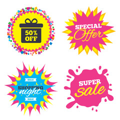 50 percent sale gift box tag sign icon.